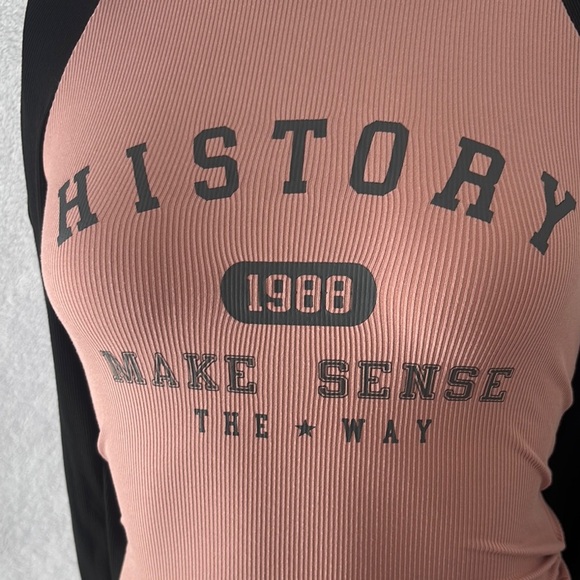 Ribbed Long Sleeve Top Pink Black History 1988 Graphic Tee - Picture 3 of 5